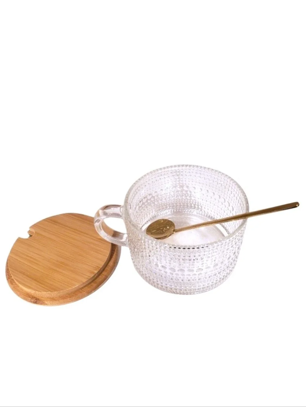 14oz. Vintage Style Glass Coffee Mug with Golden Spoon and Bamboo Lid